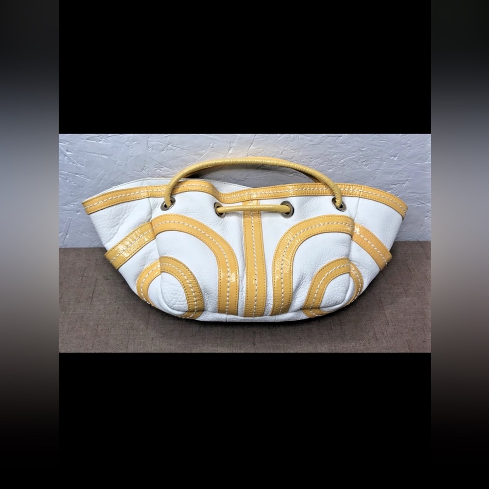 Kate Landry Yellow Patent Leather Cream Leather Top Handle Clutch Purse Handbag - Picture 2 of 16